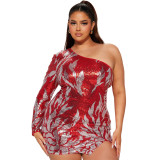 Women's Sexy One Shoulder Slim Fit Sequin Wrap Hip Dress Fashion Split Short Skirt