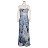 Sexy Women's Denim Print Pin Decorative Naked Back Strap Floor Dragging Long Dress Set