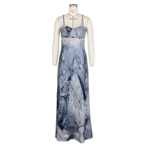 Sexy Women's Denim Print Pin Decorative Naked Back Strap Floor Dragging Long Dress Set