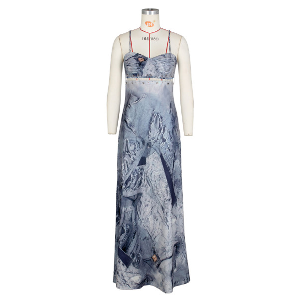 Sexy Women's Denim Print Pin Decorative Naked Back Strap Floor Dragging Long Dress Set