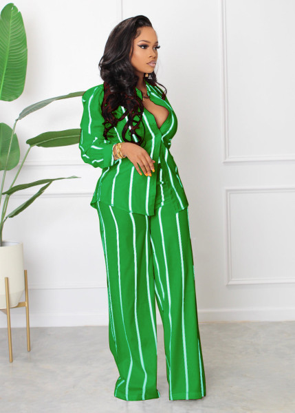 Women's printed striped shirt set two-piece long sleeved loose fitting straight tube