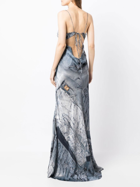 Sexy Women's Denim Print Pin Decorative Naked Back Strap Floor Dragging Long Dress Set