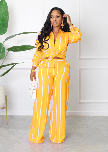 Women's printed striped shirt set two-piece long sleeved loose fitting straight tube