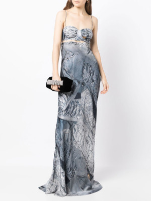 Sexy Women's Denim Print Pin Decorative Naked Back Strap Floor Dragging Long Dress Set