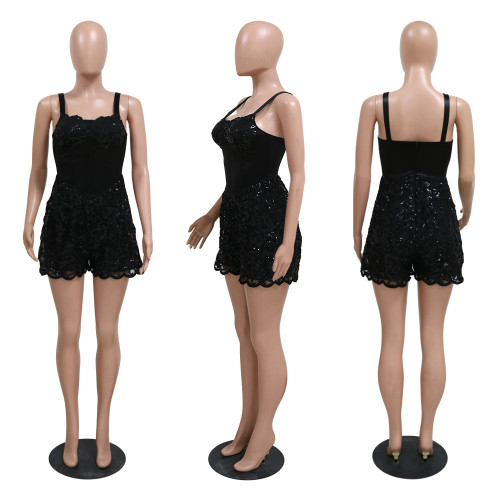 Fashion Strap Lace Edge Loose Bodysuit Slim Fit Wide Leg Pants