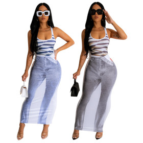 Women's New Sexy Sleeveless Digital Printing High Waist Slim Fit Long Dress