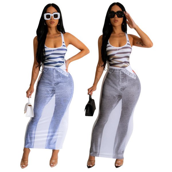 Women's New Sexy Sleeveless Digital Printing High Waist Slim Fit Long Dress