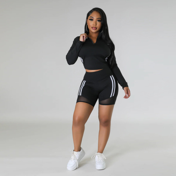 Casual long sleeved top paired with fashionable hip lifting shorts casual set