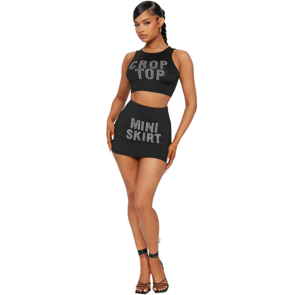 Sleeveless Round Neck Short Top Wrapped Hip Half Skirt Sexy Fit Two Piece Set