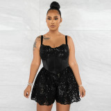 Fashion Strap Lace Edge Loose Bodysuit Slim Fit Wide Leg Pants
