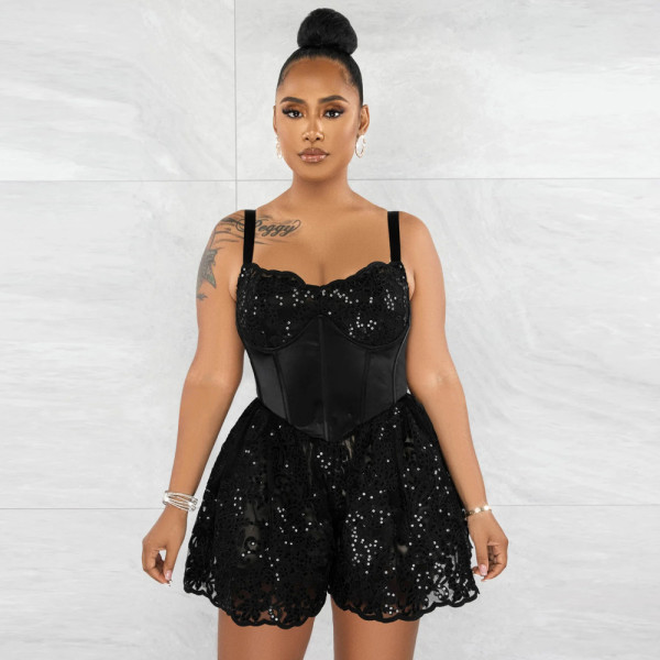 Fashion Strap Lace Edge Loose Bodysuit Slim Fit Wide Leg Pants