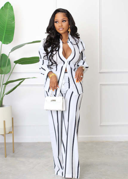 Women's printed striped shirt set two-piece long sleeved loose fitting straight tube