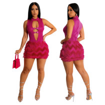 Solid color patchwork dress with fashionable round neck hollowed out design and hip wrap short skirt Solid color patchwork dress with fashionable round neck hollowed out design and hip wrap short skirt