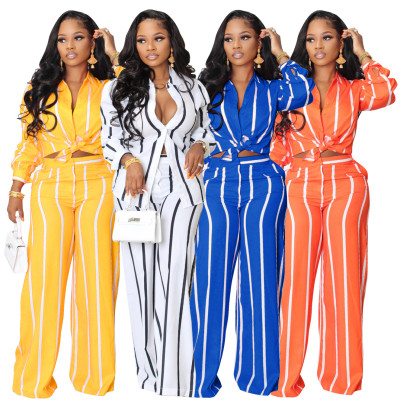 Women's printed striped shirt set two-piece long sleeved loose fitting straight tube