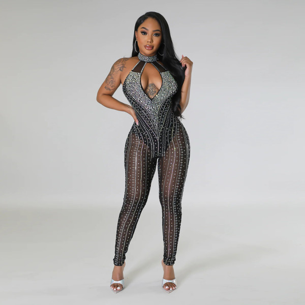 Sexy Hollow Hot Diamond Sexy Perspective Zipper Jumpsuit Fashion Slim Fit Sleeveless Pants