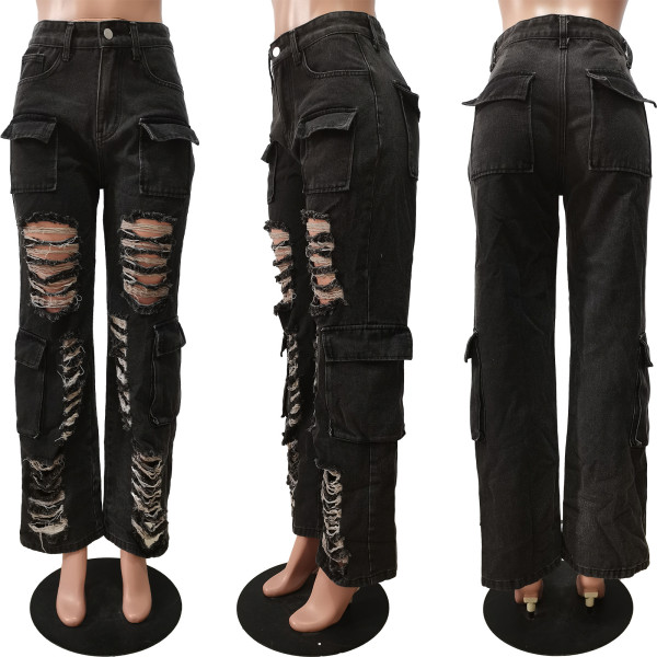 Casual jeans with torn holes, floral work bags, micro flared denim pants