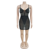 Fashion Women's Solid Color Diamond Mesh Sleeveless Strap Short Dress Dress
