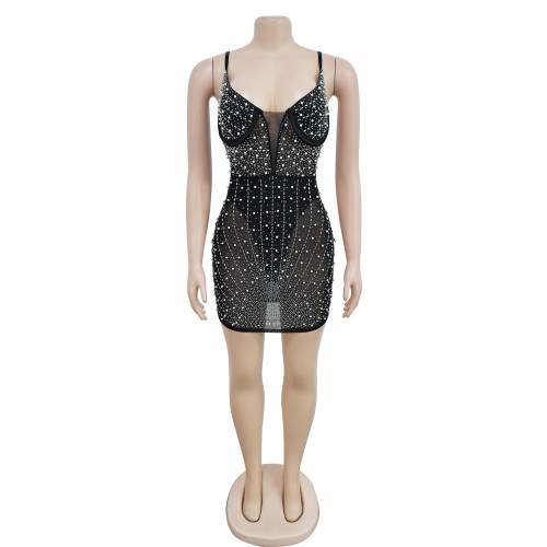 Fashion Women's Solid Color Diamond Mesh Sleeveless Strap Short Dress Dress