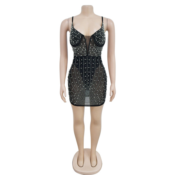 Fashion Women's Solid Color Diamond Mesh Sleeveless Strap Short Dress Dress