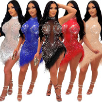 Women's Fashion Sexy Mesh Hot Diamond Bubble Bead Feather Dress
