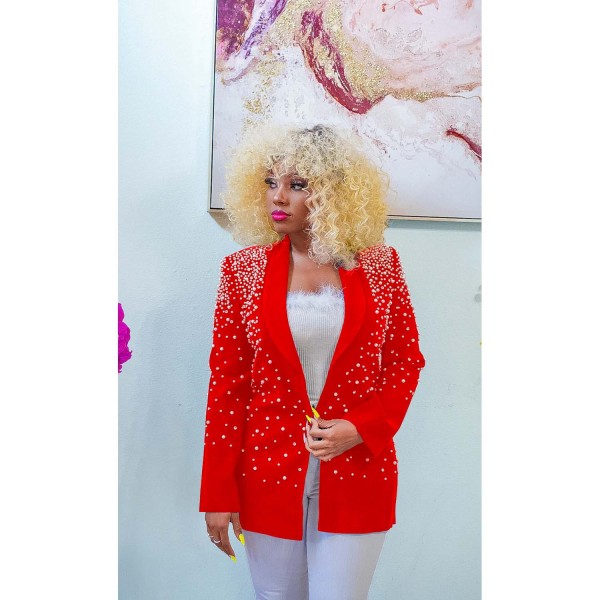 Fashion women's solid bubble bead large lapel long sleeve Blazer
