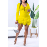 Fashion women's solid color deep V feather patchwork shorts jumpsuit