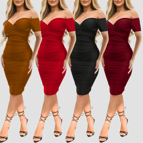 Women's Sexy Nightclub Off Shoulder Short Sleeve Dress Mid Dress