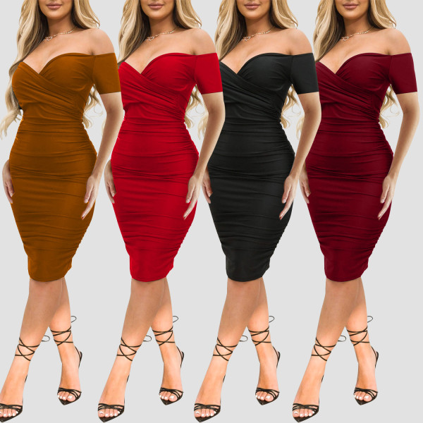 Women's Sexy Nightclub Off Shoulder Short Sleeve Dress Mid Dress