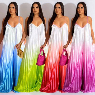 Fashion women's deep V suspender open back wide leg pants gradient jumpsuit