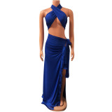 Women's sexy wrap chest strap tassel two piece dress set