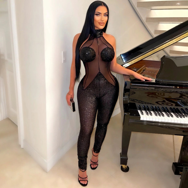 Sexy pearl film perspective jumpsuit women's slim fitting pants