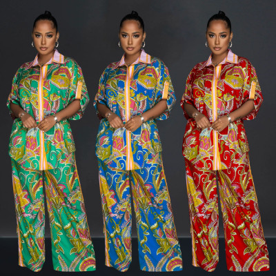 Fashion women's French printed shirt, short sleeved pants, two-piece set