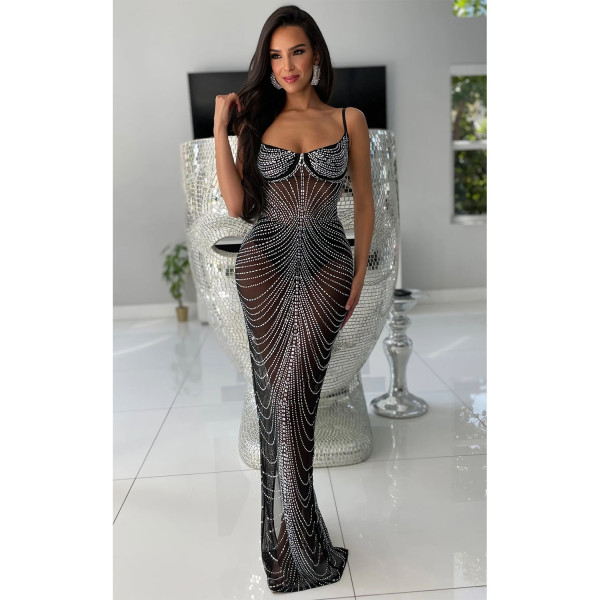 Fashionable women's solid color mesh hot diamond strap long dress