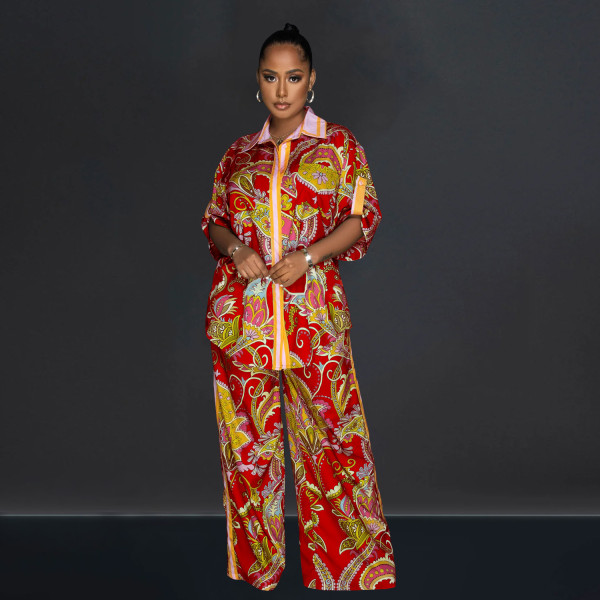 Fashion women's French printed shirt, short sleeved pants, two-piece set