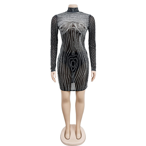 Fashion Women's Solid Color Mesh Diamond Long Sleeve Short Dress Dress