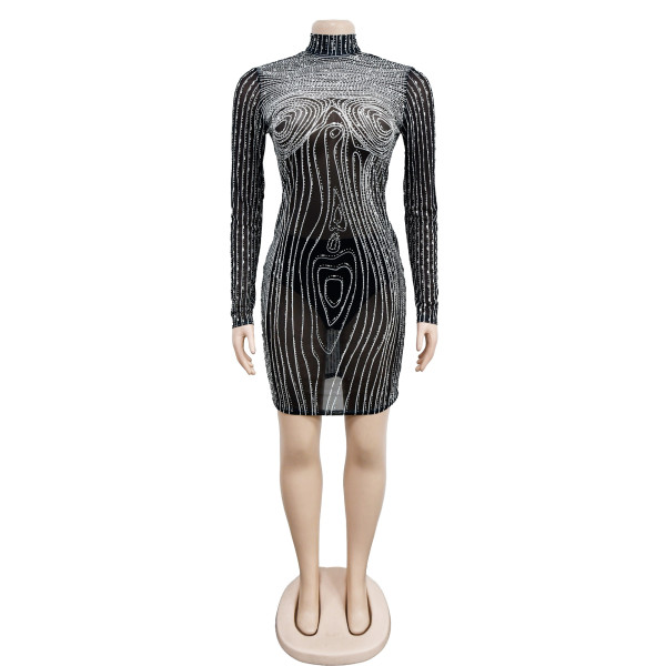 Fashion Women's Solid Color Mesh Diamond Long Sleeve Short Dress Dress