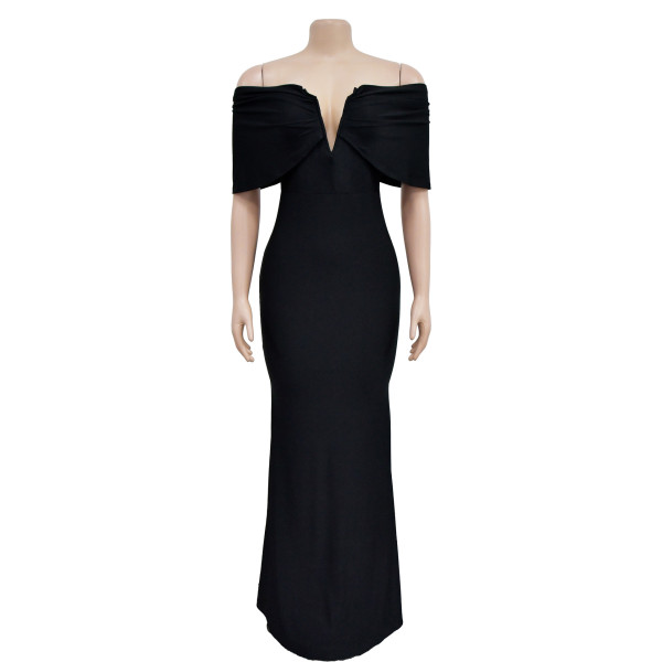 Fashion Women's Solid Color Off Shoulder Deep V Open Back Fishtail Dress
