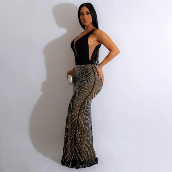 Women's sexy nightclub backless mesh hot diamond dress