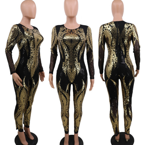 Sequin high-end women's long sleeved perspective jumpsuit