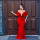 Fashion Women's Solid Color Off Shoulder Deep V Open Back Fishtail Dress