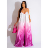 Fashion women's deep V suspender open back wide leg pants gradient jumpsuit