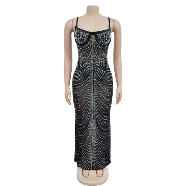 Fashionable women's solid color mesh hot diamond strap long dress