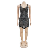 Fashionable Women's Solid Color Mesh Hot Diamond Strap Short Dress Dress