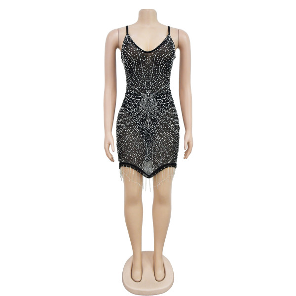 Fashionable Women's Solid Color Mesh Hot Diamond Strap Short Dress Dress