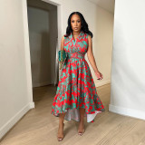 Slim Fit Fashion Print Pullover Sleeveless Ruffle Edge Waist Wrapped Dress