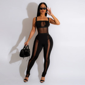 Sexy suspender jumpsuit+slim fitting pencil pants Fashion perspective two-piece set for women