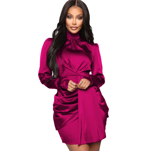 Women's sexy long sleeved high necked women's dress satin short skirt