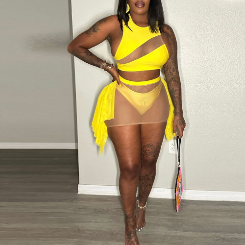 Solid mesh patchwork lace summer swimsuit bikini sexy perspective three piece set