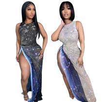 Shang Yuan Neck Sleeveless High Split Dress with Perspective Panel Hot Diamond Party Style Including Underwear