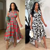 Slim Fit Fashion Print Pullover Sleeveless Ruffle Edge Waist Wrapped Dress